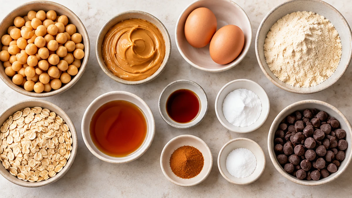 Chickpeas, peanut butter, eggs, protein powder, oats, maple syrup, vanilla, cinnamon, baking powder, salt, and chocolate chips for chickpea cookies