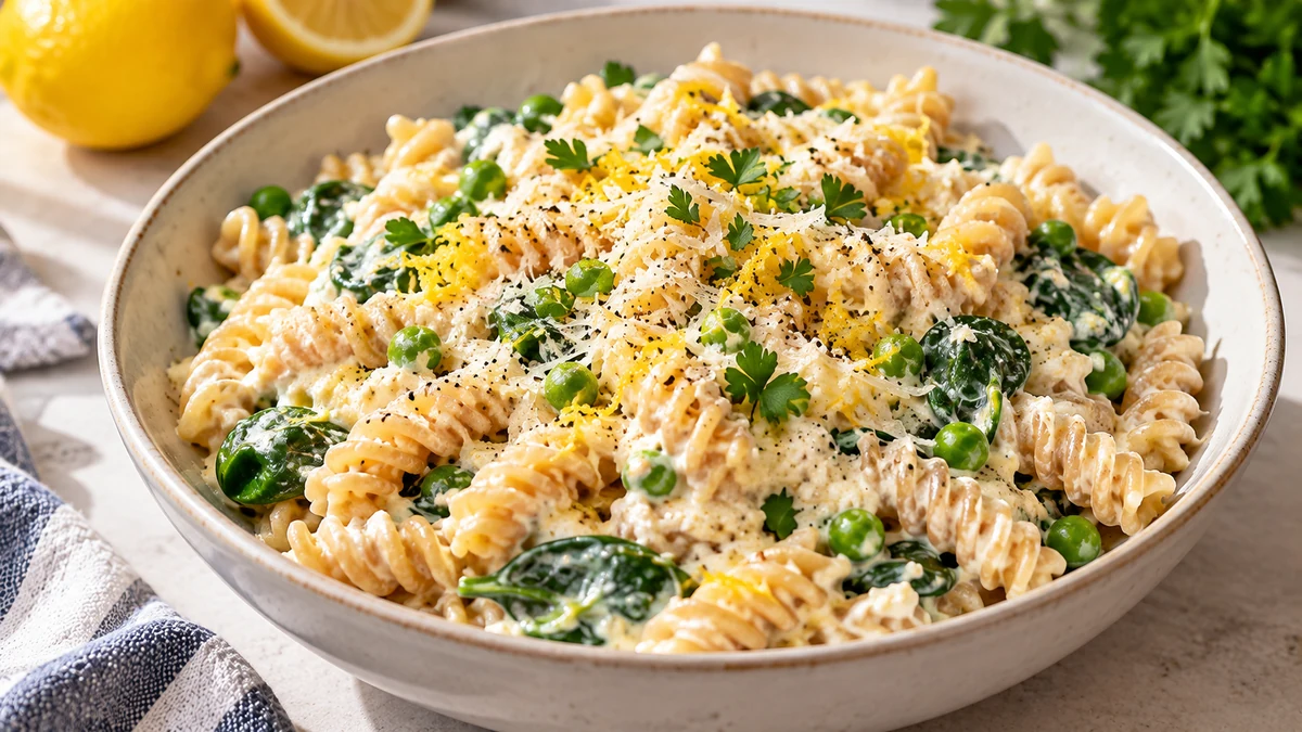 Creamy high protein cottage cheese lemon pasta with spinach, peas, Parmesan, and lemon zest