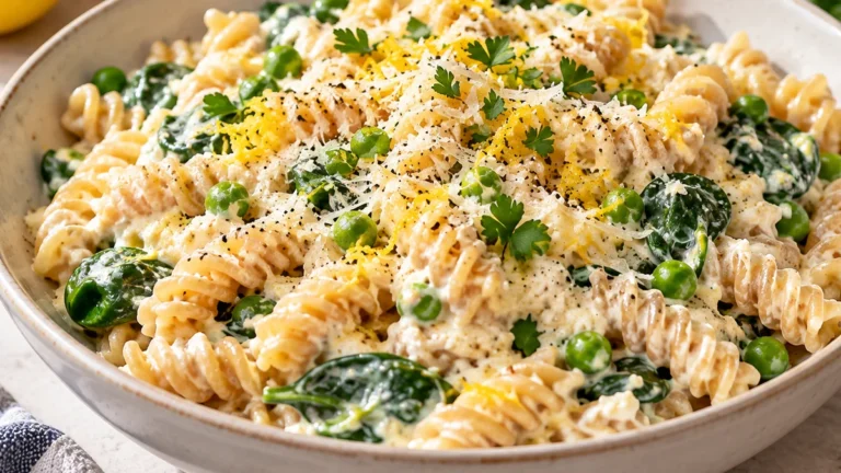 Close-up of creamy cottage cheese lemon pasta with chickpea rotini, spinach, peas, and Parmesan