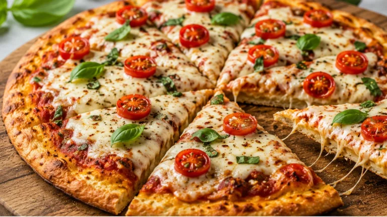 High protein cottage cheese pizza with a golden crust, melted mozzarella, tomatoes, and basil