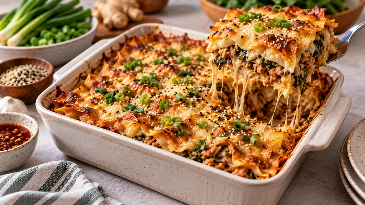 Layered high protein dumpling casserole with chicken and scallions in a baking dish