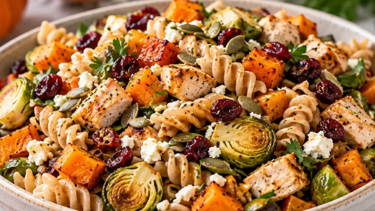 High protein fall harvest pasta salad with rotini, chicken, sweet potato, Brussels sprouts, cranberries, goat cheese, and pepitas
