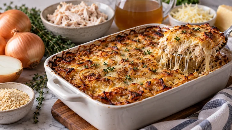 High protein French onion chicken casserole with caramelized onions, chicken, Gruyère, and fresh thyme