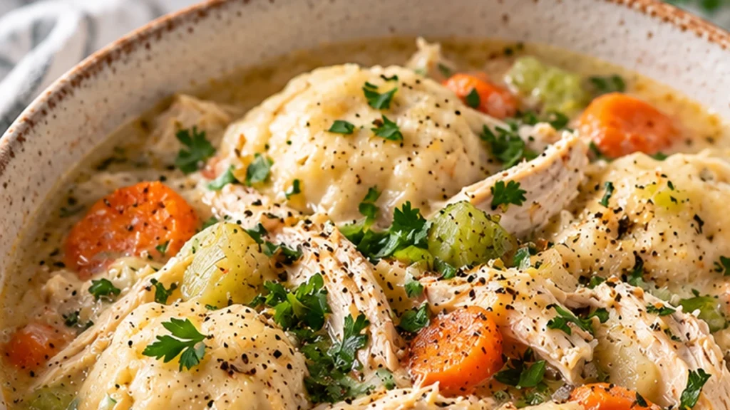 High protein ginger scallion chicken and dumplings with lean chicken, carrots, celery, scallions, and fluffy drop dumplings
