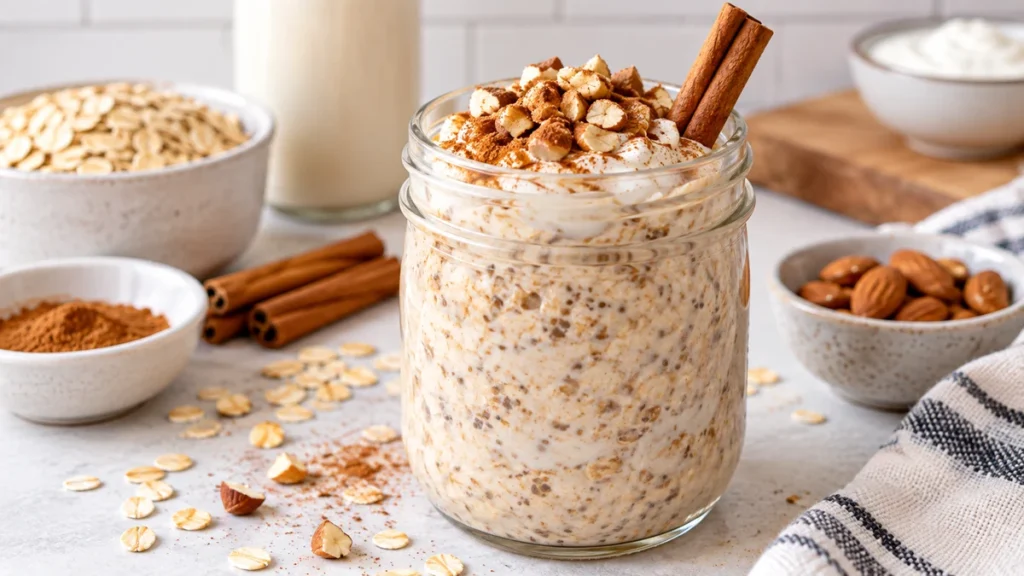 High protein horchata-inspired overnight oats with cinnamon, yogurt, and chopped almonds in a glass jar