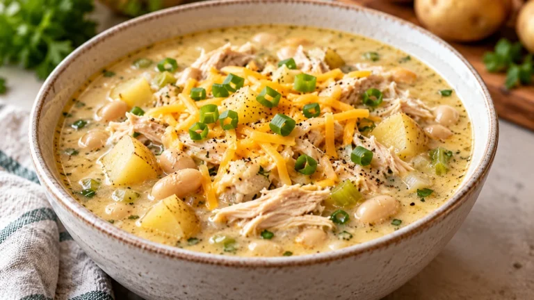 Creamy high protein Million Dollar Chicken Soup with shredded chicken, white beans, potatoes, cheddar, and scallions