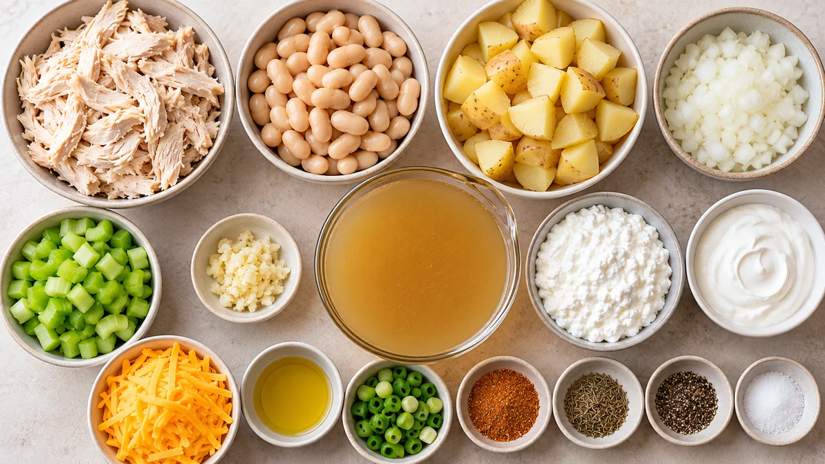 Shredded chicken, white beans, potatoes, onion, celery, garlic, broth, cottage cheese, Greek yogurt, cheddar, olive oil, scallions, and seasonings for chicken soup