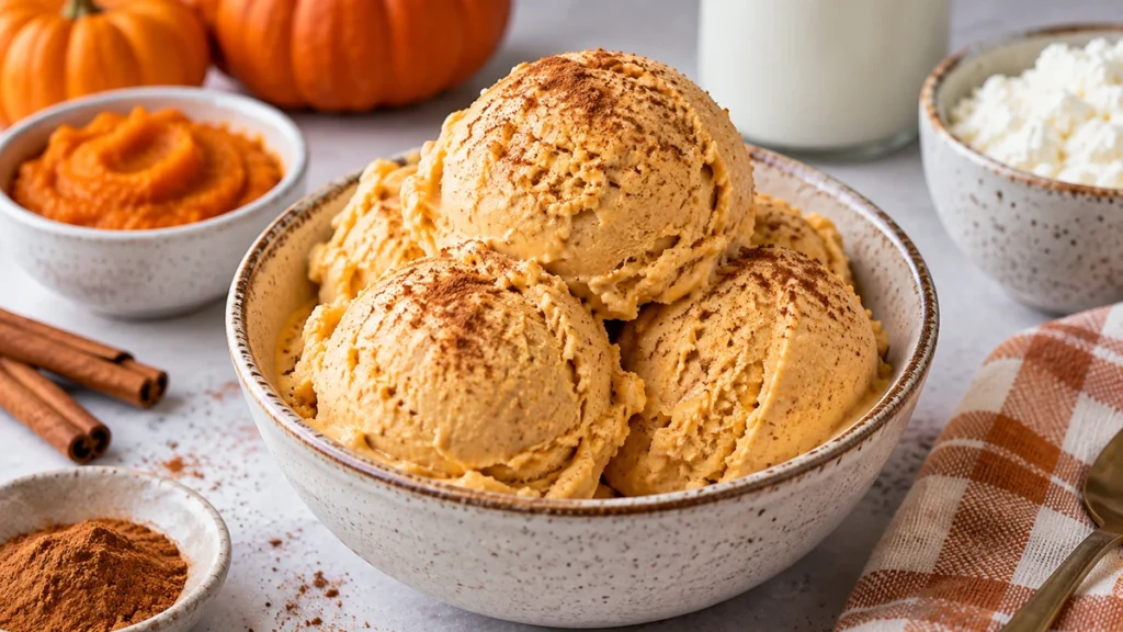 High protein pumpkin pie cottage cheese ice cream with creamy pumpkin-spice scoops in a ceramic bowl