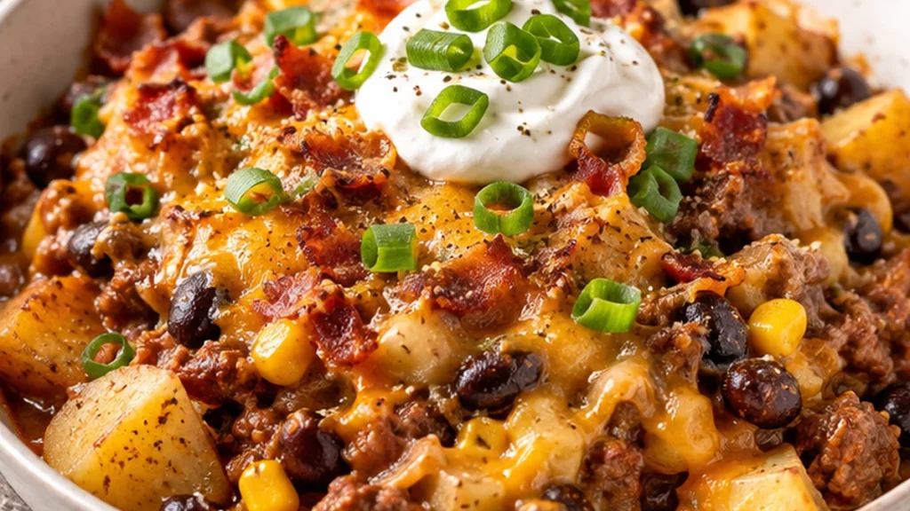 High protein slow cooker cowboy potato casserole with lean beef, potatoes, black beans, corn, cheddar, bacon, and scallions
