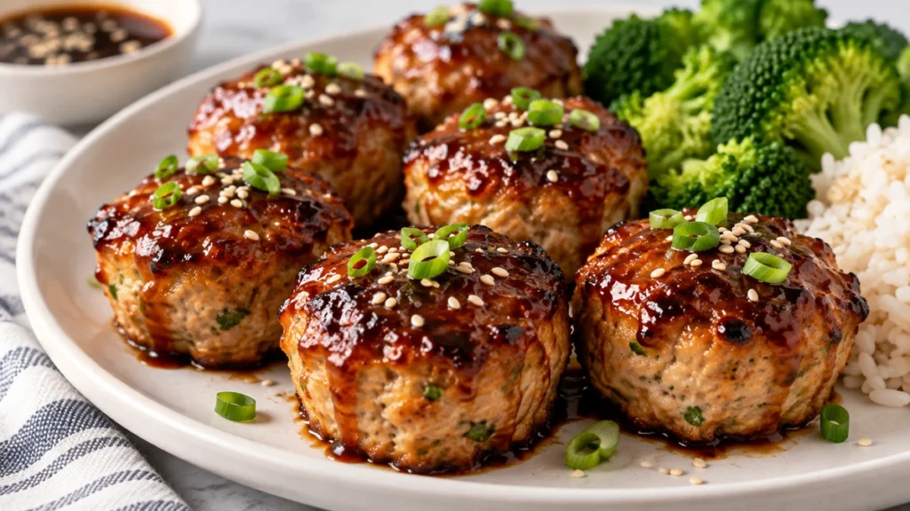 High protein teriyaki chicken meatloaf bites glazed with pineapple tamari sauce and topped with scallions and sesame