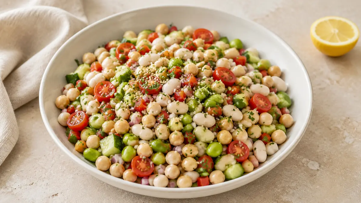 High protein vegan dense bean salad with chickpeas, cannellini beans, edamame, cucumber, peppers, tomatoes, parsley, and hemp hearts
