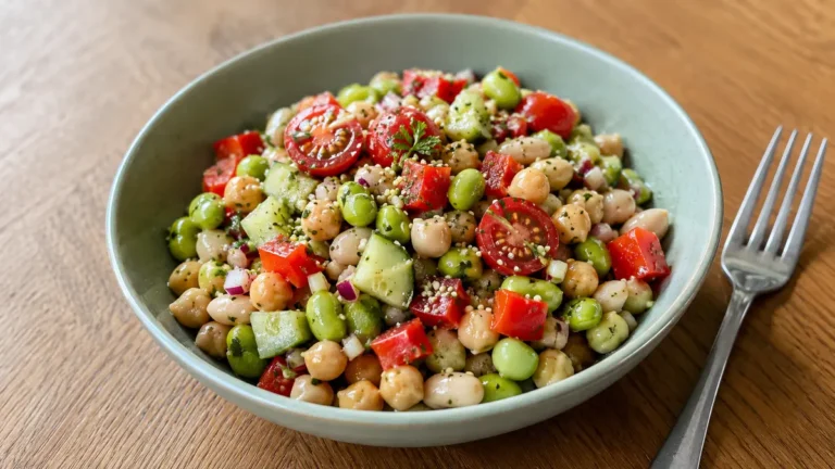 Individual bowl of vegan dense bean salad with chickpeas, white beans, edamame, vegetables, parsley, and hemp hearts