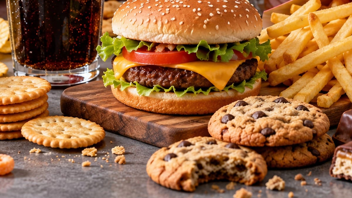 Burger, fries, cookies, crackers, chocolate bars, and cola on a counter , US dietary guidelines processed foods