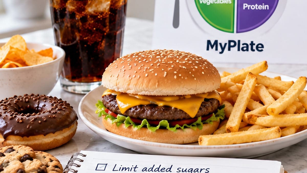Burger, fries, sweet baked foods, and a sugary drink on a kitchen counter