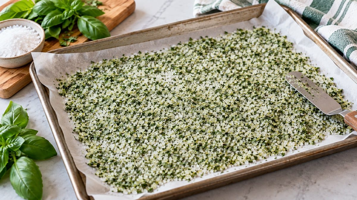 Basil salt mixture spread in a thin layer on a parchment lined baking sheet for drying