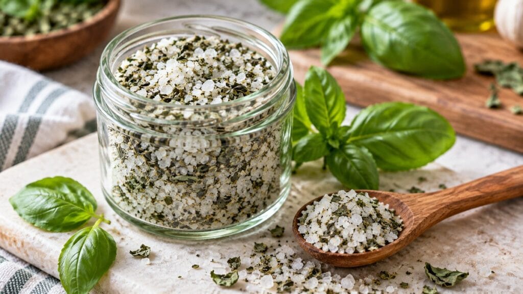 Homemade basil salt in a glass jar with fresh basil and a wooden spoon