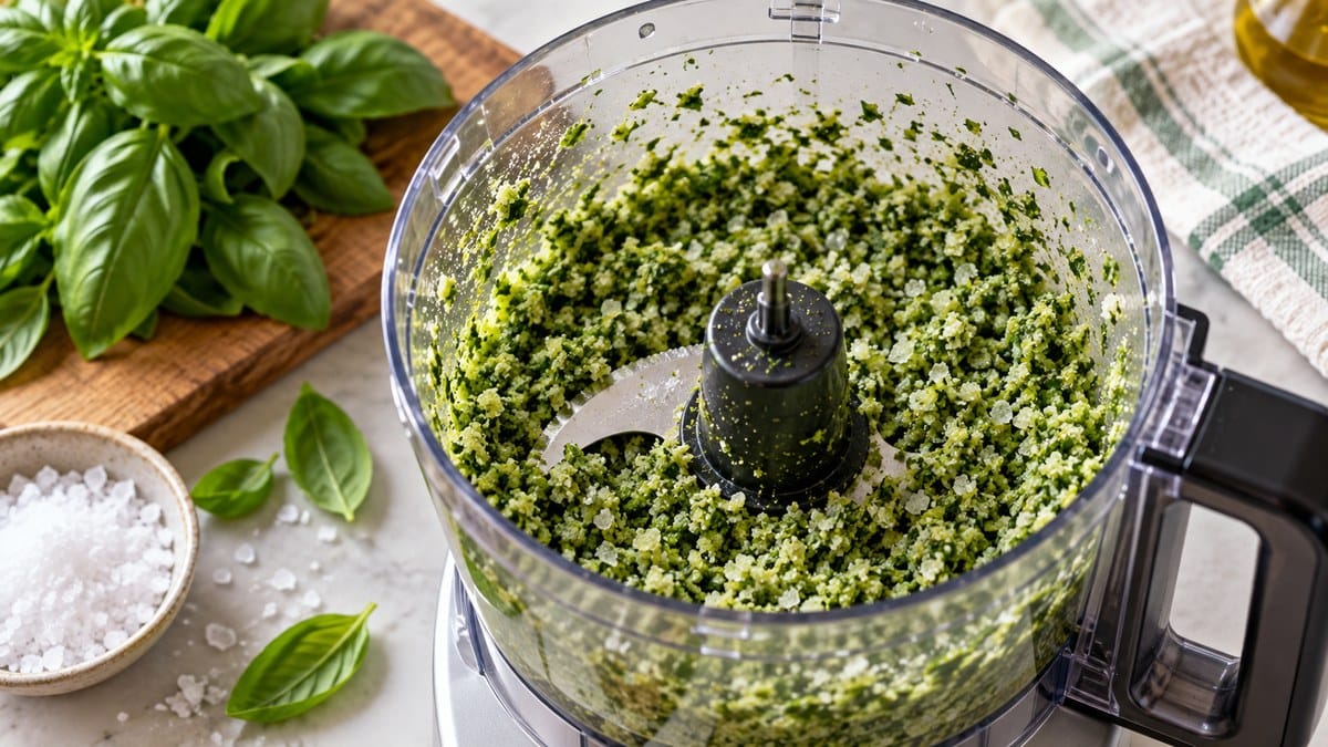 Fresh basil and coarse sea salt pulsed together in a food processor for homemade basil salt