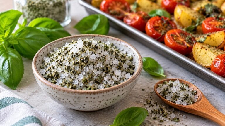 Homemade basil salt in a bowl with fresh basil beside roasted vegetables