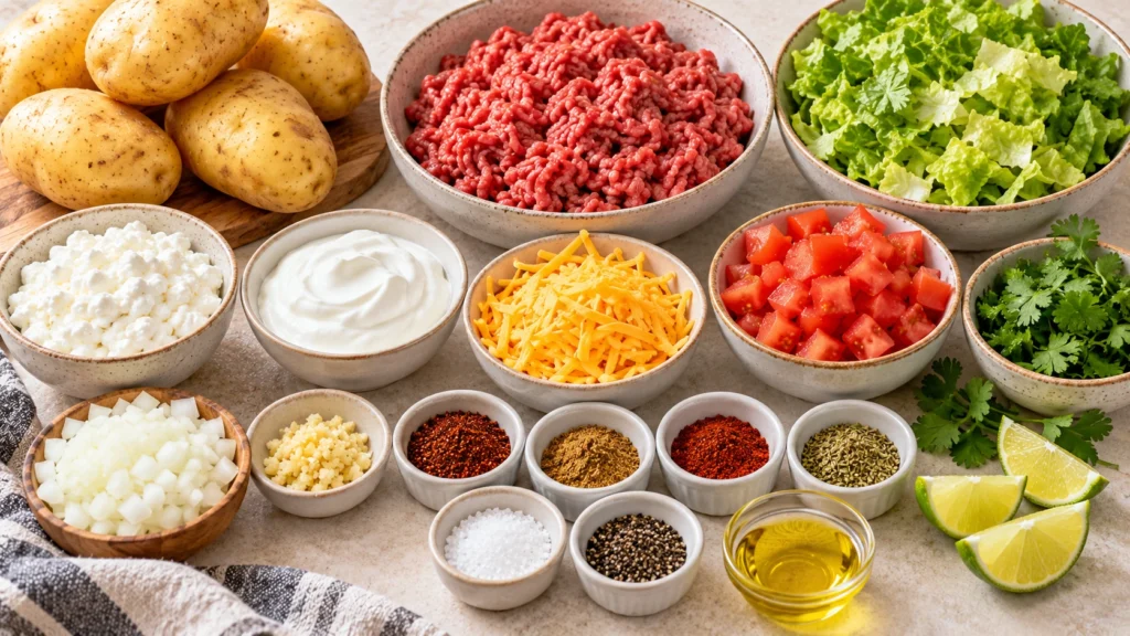 ingredients for High Protein Cheesy Beef Taco Potato Bowls