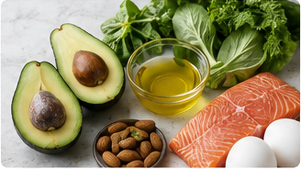 Avocado, salmon, olive oil, almonds, eggs, and leafy greens for  Keto Diet for Beginners