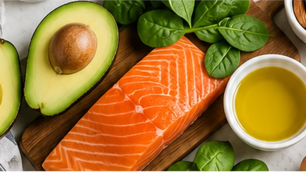 Avocado, salmon, spinach, olive oil, and nuts for a keto diet beginner guide