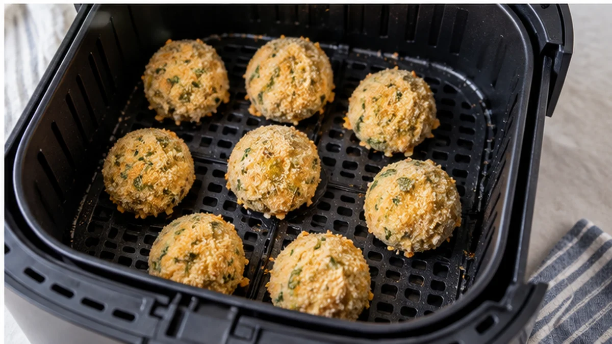 Coated keto pickle balls arranged in an air fryer basket before crisping