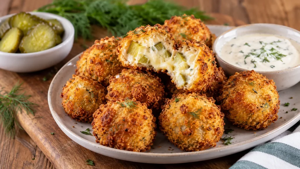 Golden keto fried pickle balls on a rustic plate with creamy dill dip and one ball cut open