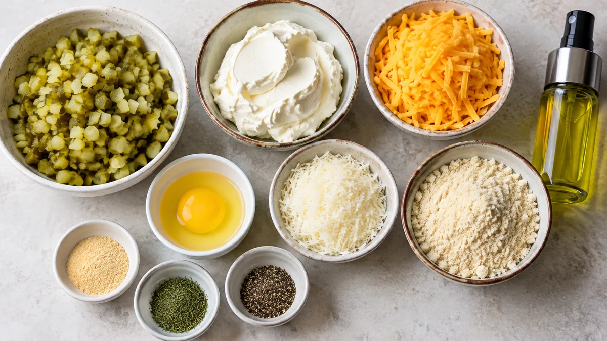 Chopped dill pickles, cream cheese, cheddar, Parmesan, almond flour, egg, and seasonings for keto pickle balls