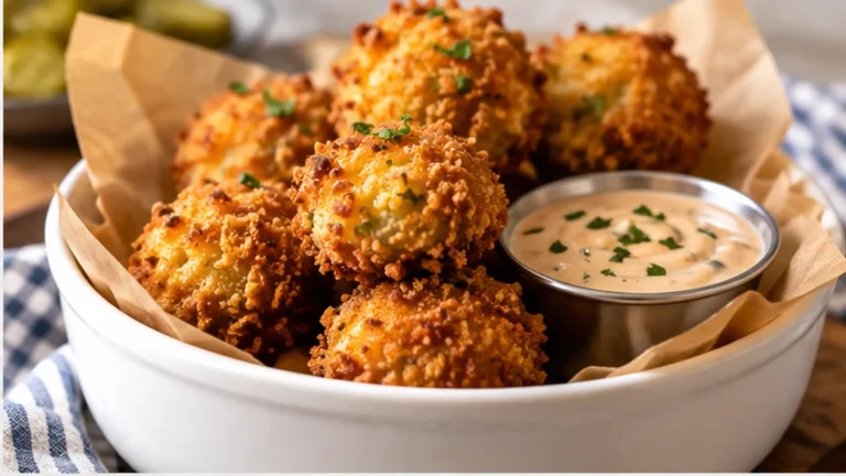 Crispy keto pickle balls served in a parchment-lined bowl with creamy dipping sauce