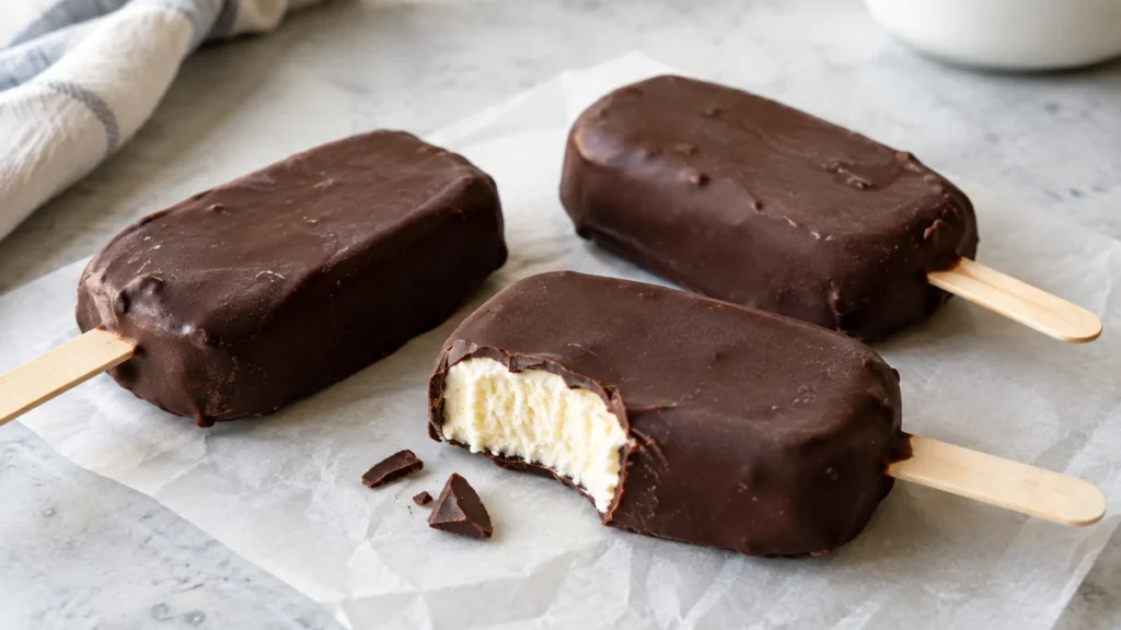 Three chocolate-dipped keto ice cream bars on parchment, including one bitten bar showing the creamy vanilla center