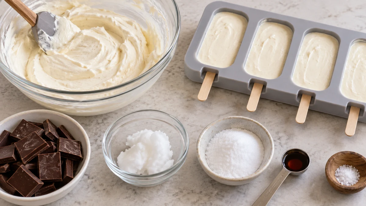 Whipped vanilla ice cream base, filled popsicle molds, dark chocolate, coconut oil, allulose, vanilla, and salt for keto ice cream bars