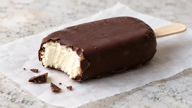 Close-up of a chocolate-dipped keto ice cream bar with a creamy vanilla center and crisp shell