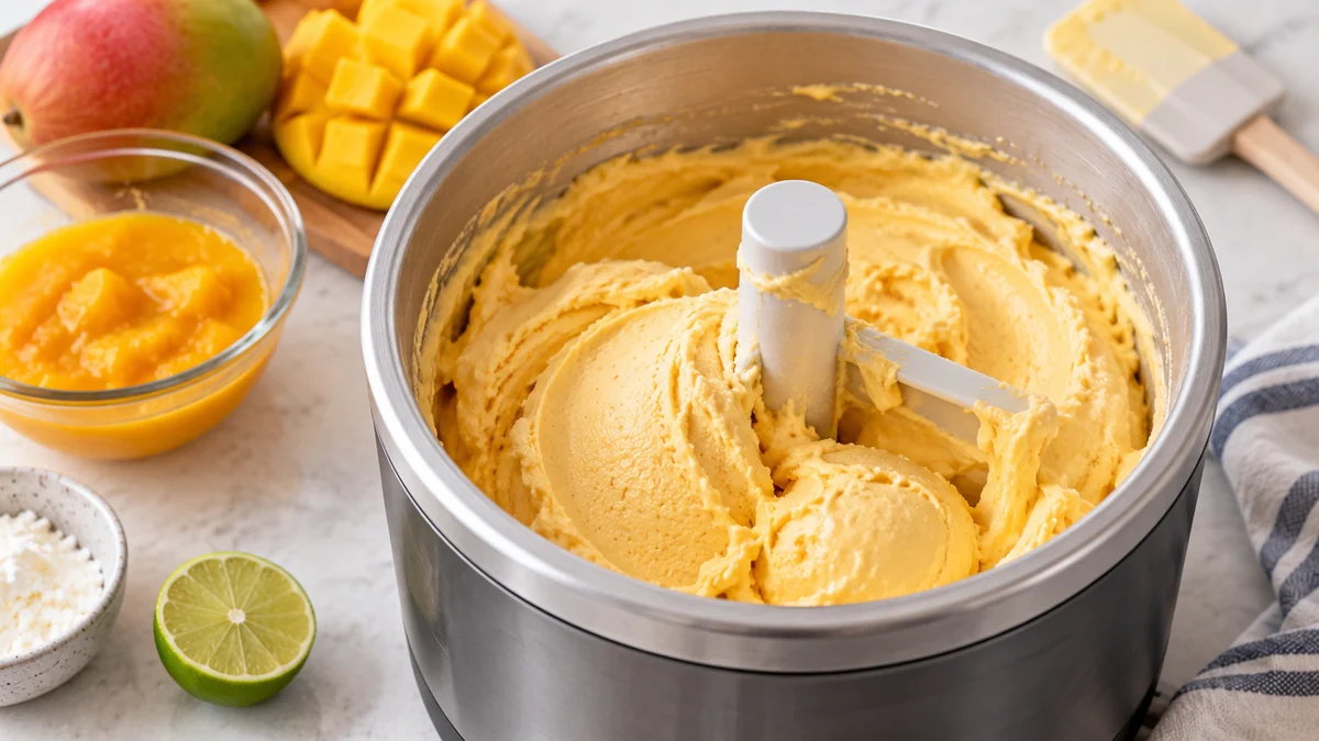 Pale golden mango ice cream churning in an ice cream maker beside mango puree and lime