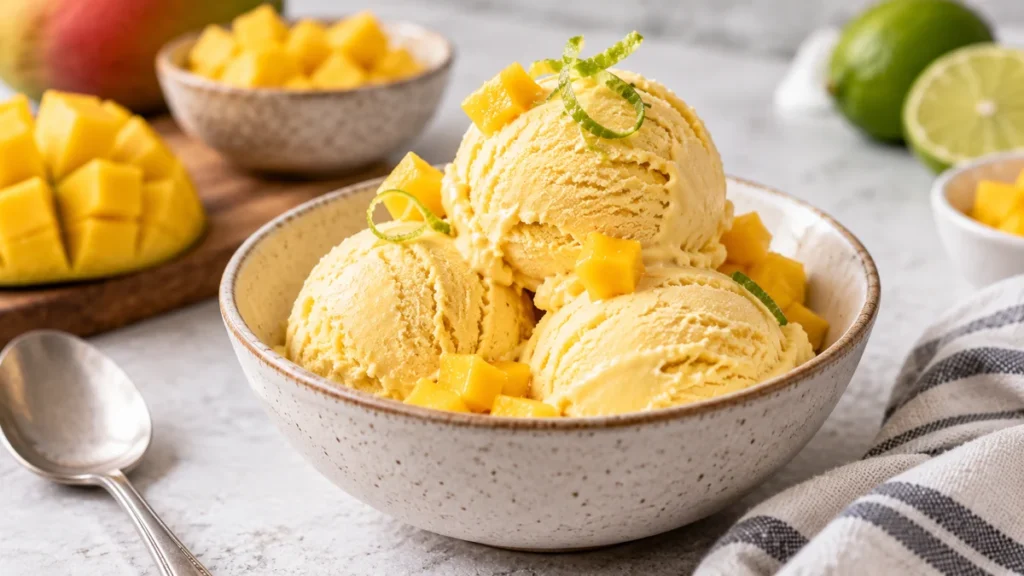 Creamy keto mango ice cream scoops in a ceramic bowl with mango pieces and lime zest