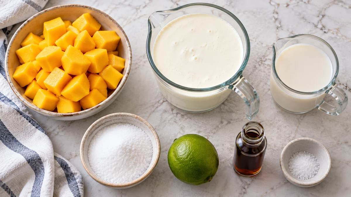 Mango chunks, heavy cream, unsweetened almond milk, allulose, lime, vanilla, and salt arranged for keto mango ice cream