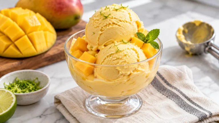 Keto mango ice cream served in a clear dessert glass with mango cubes, lime zest, and mint