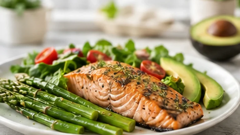 Roasted salmon with asparagus, leafy greens, tomatoes, and avocado