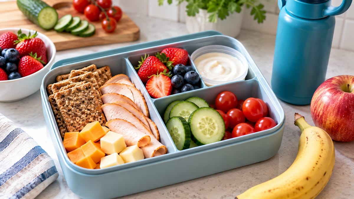 Lunchbox with turkey, cheese, berries, yogurt, cucumber, tomatoes, whole-grain crackers, fruit, and water