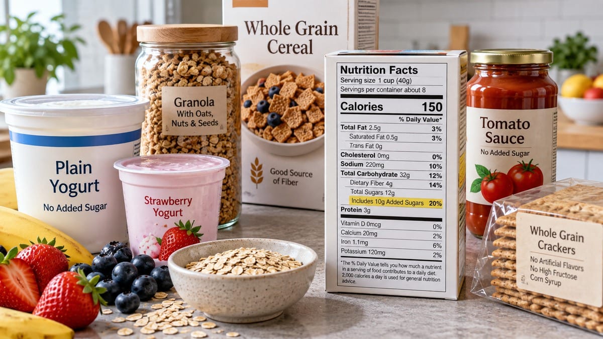 Nutrition Facts label showing added sugars beside yogurt, cereal, oats, fruit, crackers, and tomato sauce