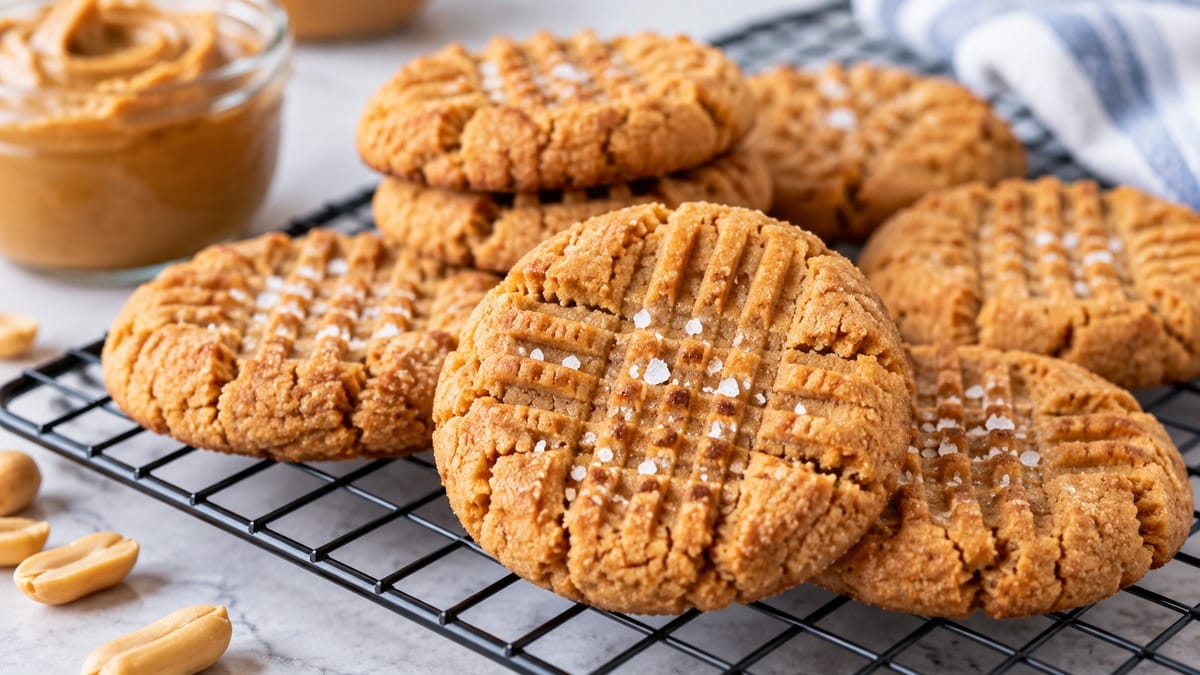Fresh peanut butter keto cookies cooling on a wire rack after baking