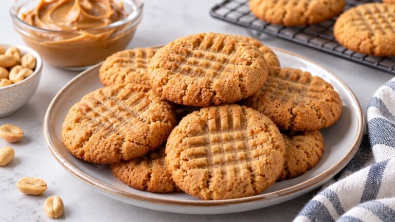 Soft peanut butter keto cookies stacked on a plate with golden edges and classic fork marks