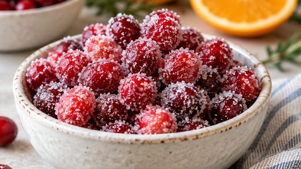Popping cranberries recipe with sparkling sugar-coated cranberries in a ceramic bowl