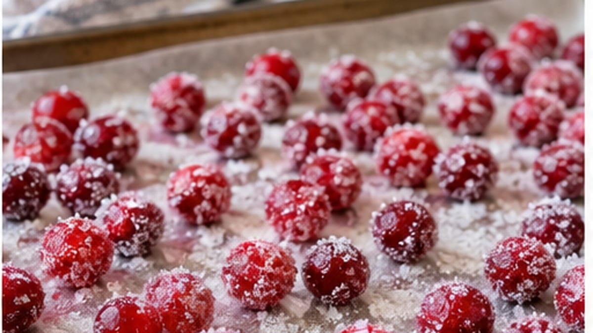 Popping cranberries recipe with sugar-coated cranberries drying in a single layer on parchment