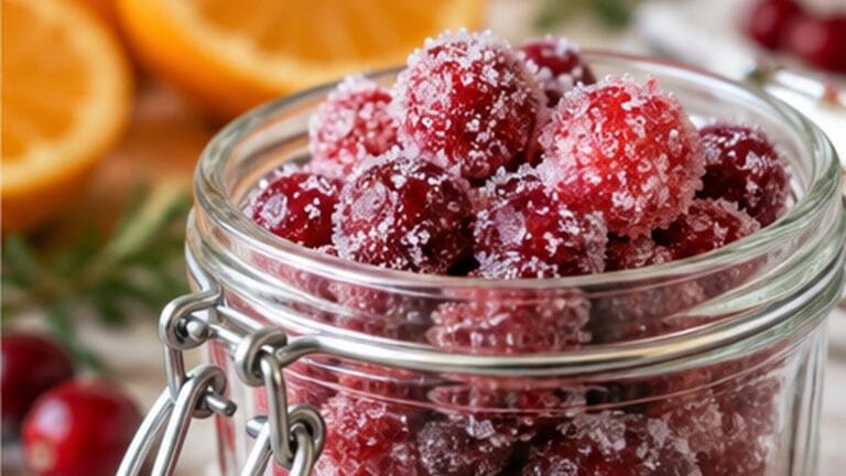 Sparkling sugar-coated popping cranberries in a glass jar with orange in the background