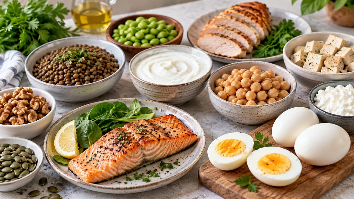 Salmon, eggs, yogurt, cottage cheese, chicken, tofu, lentils, chickpeas, nuts, and seeds