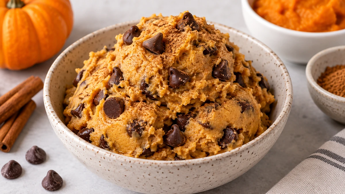 Close-up of thick pumpkin cookie dough studded with mini chocolate chips