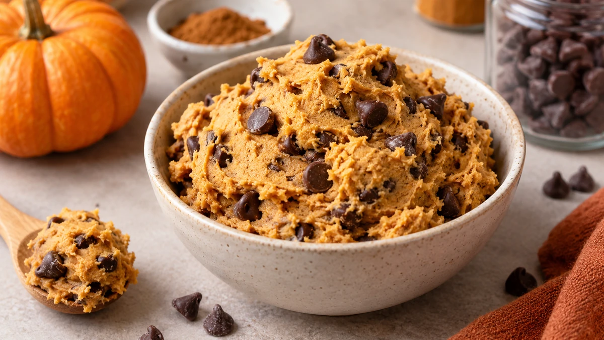 Scoop of thick high protein pumpkin cookie dough with chocolate chips