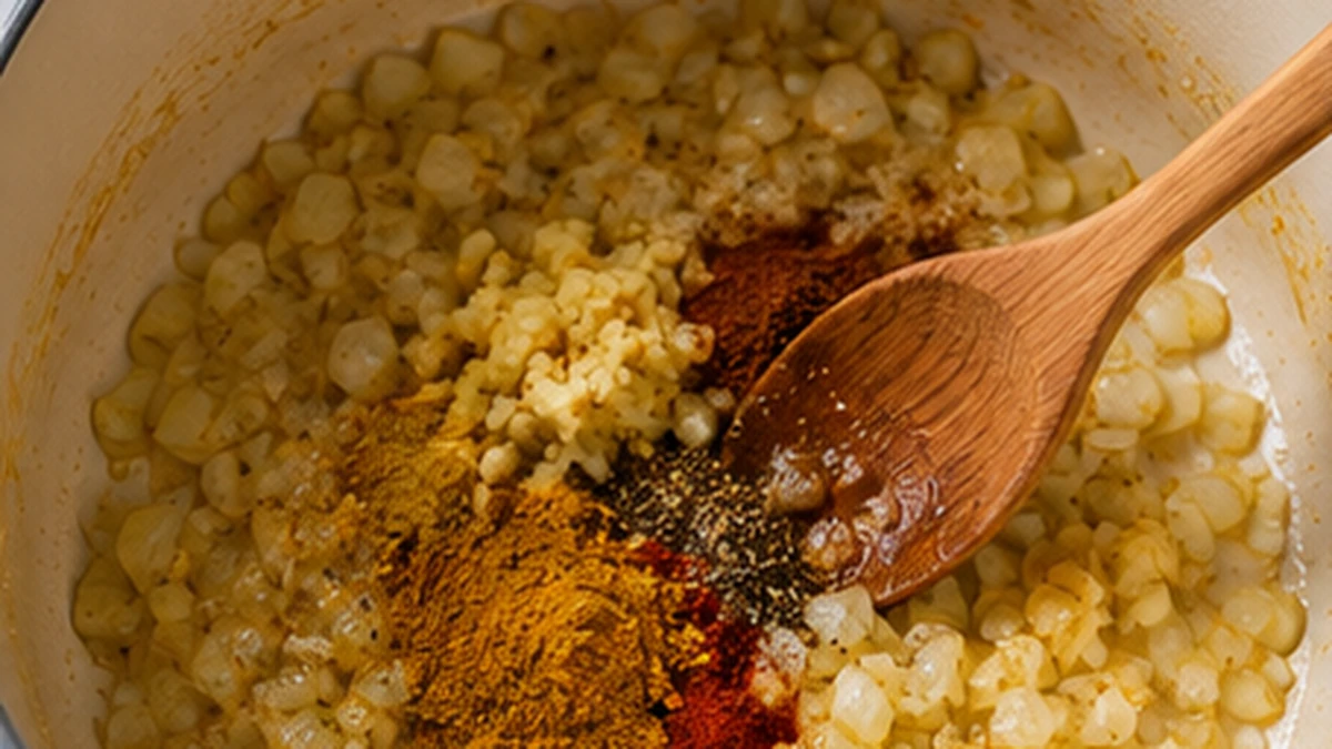 Onion, garlic, ginger, curry powder, cumin, and smoked paprika cooking in a pot for pumpkin soup