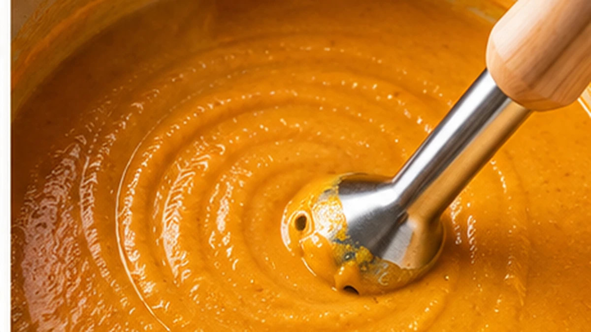 Creamy pumpkin soup being blended smooth with an immersion blender in a pot