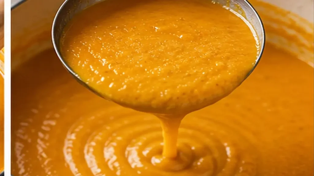 Thick smooth pumpkin coconut soup pouring from a ladle back into the pot